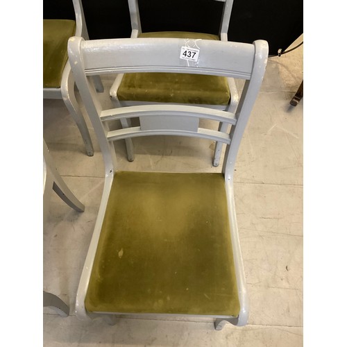 437 - FOUR GREY PAINTED WOODEN CHAIRS WITH GREEN UPHOLSTERED SEATS