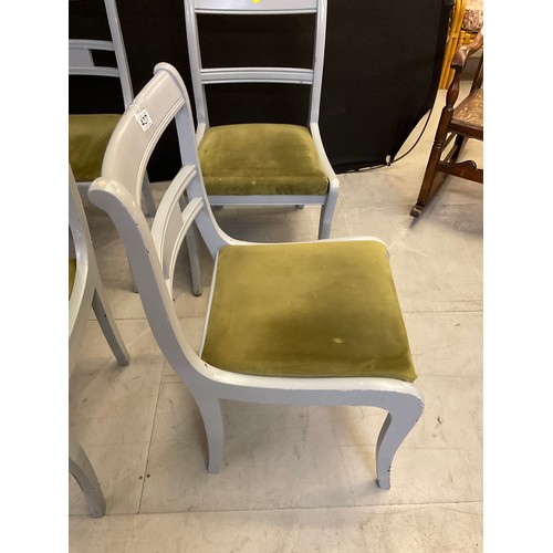 437 - FOUR GREY PAINTED WOODEN CHAIRS WITH GREEN UPHOLSTERED SEATS