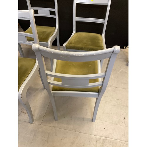 437 - FOUR GREY PAINTED WOODEN CHAIRS WITH GREEN UPHOLSTERED SEATS