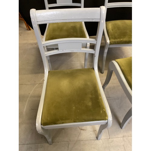 437 - FOUR GREY PAINTED WOODEN CHAIRS WITH GREEN UPHOLSTERED SEATS