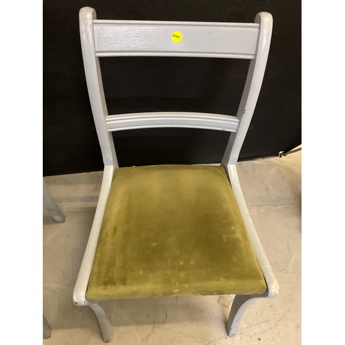 437 - FOUR GREY PAINTED WOODEN CHAIRS WITH GREEN UPHOLSTERED SEATS