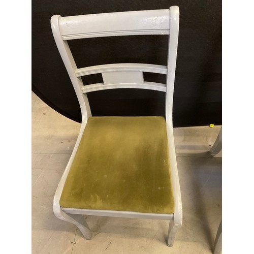 437 - FOUR GREY PAINTED WOODEN CHAIRS WITH GREEN UPHOLSTERED SEATS