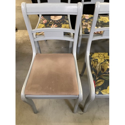 438 - SIX  WOODEN GREY PAINTED CHAIRS WITH UPHOLSTERED SEATS