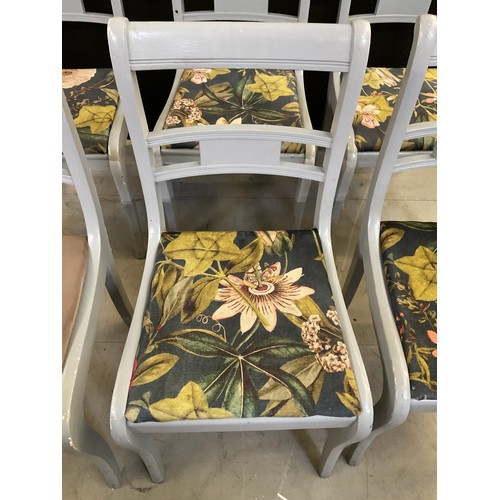 438 - SIX  WOODEN GREY PAINTED CHAIRS WITH UPHOLSTERED SEATS