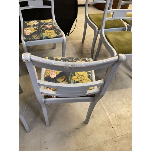 438 - SIX  WOODEN GREY PAINTED CHAIRS WITH UPHOLSTERED SEATS