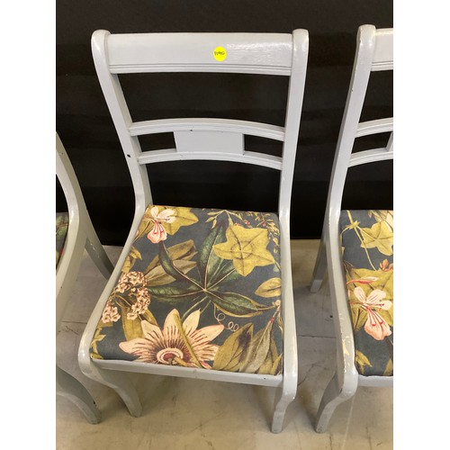 438 - SIX  WOODEN GREY PAINTED CHAIRS WITH UPHOLSTERED SEATS