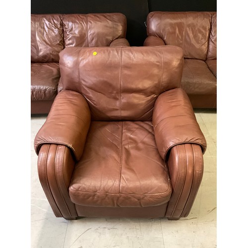 444A - TWO BROWN LEATHER TWO SEATER SOFAS AND MATCHING ARMCHAIR A/F