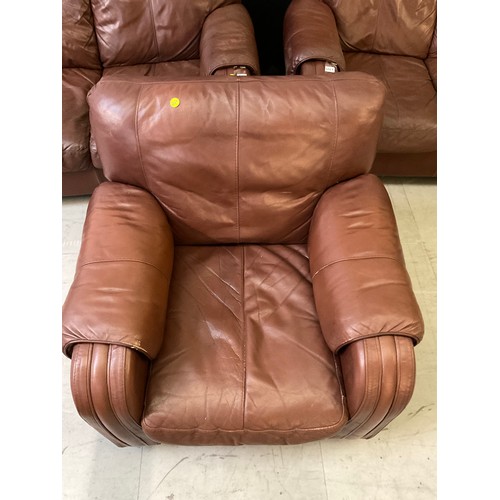 444A - TWO BROWN LEATHER TWO SEATER SOFAS AND MATCHING ARMCHAIR A/F