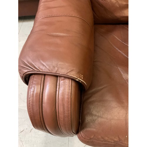 444A - TWO BROWN LEATHER TWO SEATER SOFAS AND MATCHING ARMCHAIR A/F