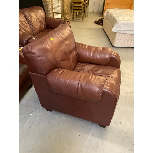 444A - TWO BROWN LEATHER TWO SEATER SOFAS AND MATCHING ARMCHAIR A/F