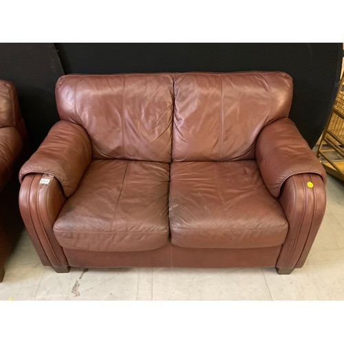 444A - TWO BROWN LEATHER TWO SEATER SOFAS AND MATCHING ARMCHAIR A/F