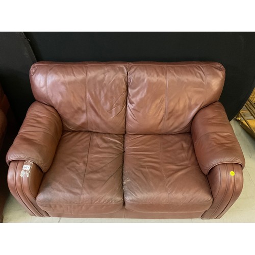 444A - TWO BROWN LEATHER TWO SEATER SOFAS AND MATCHING ARMCHAIR A/F