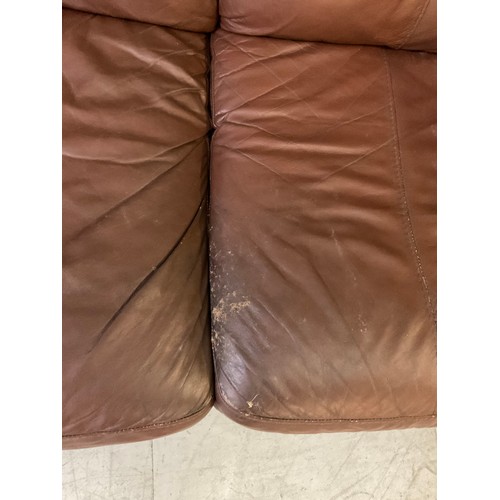 444A - TWO BROWN LEATHER TWO SEATER SOFAS AND MATCHING ARMCHAIR A/F