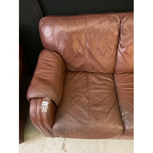 444A - TWO BROWN LEATHER TWO SEATER SOFAS AND MATCHING ARMCHAIR A/F