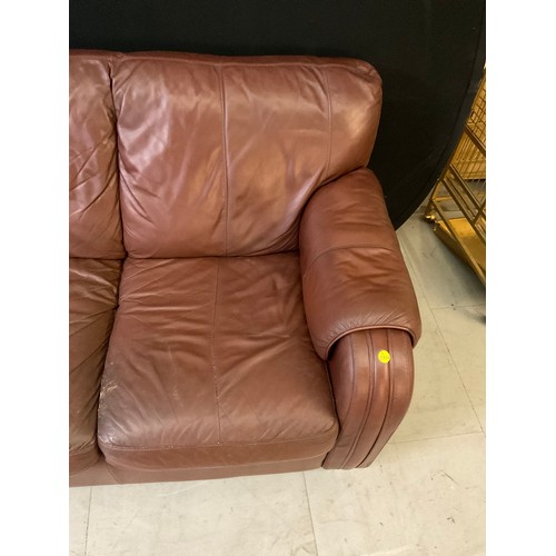 444A - TWO BROWN LEATHER TWO SEATER SOFAS AND MATCHING ARMCHAIR A/F