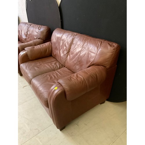 444A - TWO BROWN LEATHER TWO SEATER SOFAS AND MATCHING ARMCHAIR A/F