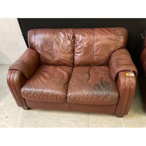 444A - TWO BROWN LEATHER TWO SEATER SOFAS AND MATCHING ARMCHAIR A/F