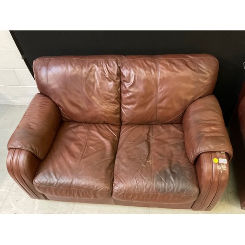 444A - TWO BROWN LEATHER TWO SEATER SOFAS AND MATCHING ARMCHAIR A/F