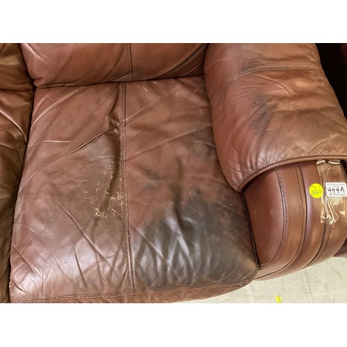 444A - TWO BROWN LEATHER TWO SEATER SOFAS AND MATCHING ARMCHAIR A/F