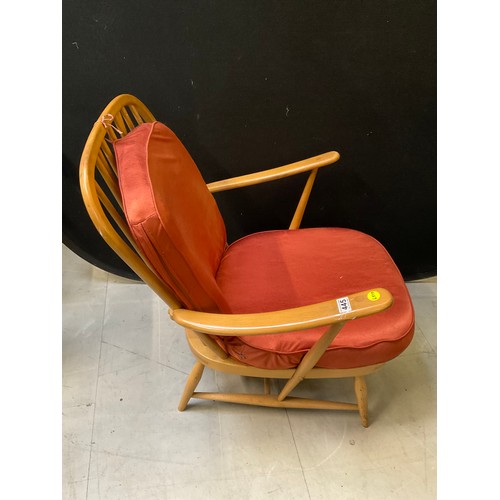 445 - WOODEN ERCOL ARM CHAIR WITH UPHOLSTERED CUSHIONS