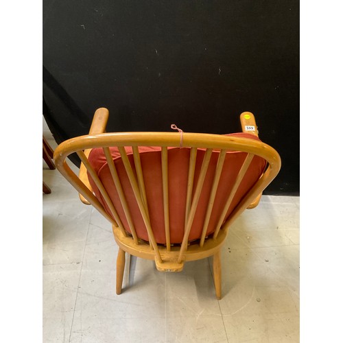 445 - WOODEN ERCOL ARM CHAIR WITH UPHOLSTERED CUSHIONS