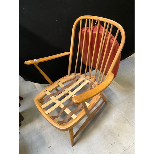 445 - WOODEN ERCOL ARM CHAIR WITH UPHOLSTERED CUSHIONS