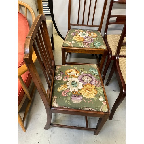 446 - SET OF FOUR WOODEN DINING CHAIRS WITH UPHOLSTERED SEATS AND PAIR OF OLDER WOODEN DINING CHAIRS WITH ... 