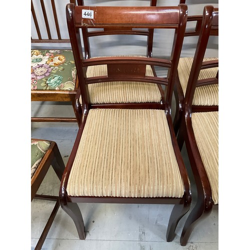 446 - SET OF FOUR WOODEN DINING CHAIRS WITH UPHOLSTERED SEATS AND PAIR OF OLDER WOODEN DINING CHAIRS WITH ... 