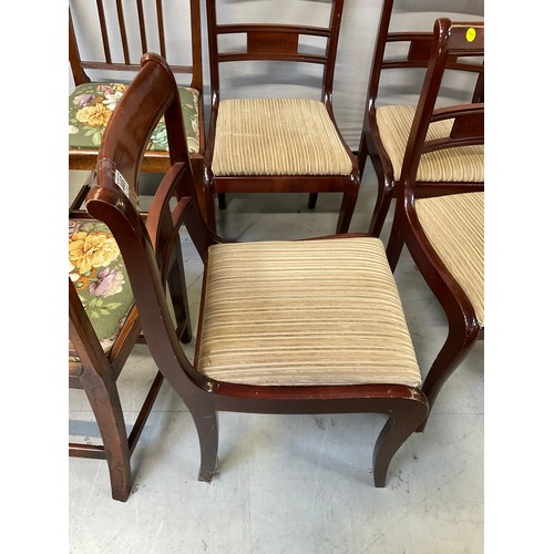 446 - SET OF FOUR WOODEN DINING CHAIRS WITH UPHOLSTERED SEATS AND PAIR OF OLDER WOODEN DINING CHAIRS WITH ... 