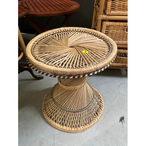 448 - ROUND WICKER TABLE/STOOL,WICKER DRAW UNIT,WOODEN BAR STOOL,SMALL WINE TABLE AND SMALL GARDEN TABLE