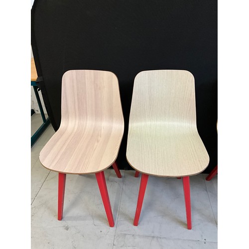 454 - SEVEN  WOODEN CAFE CHAIRS WITH RED PAINTED LEGS