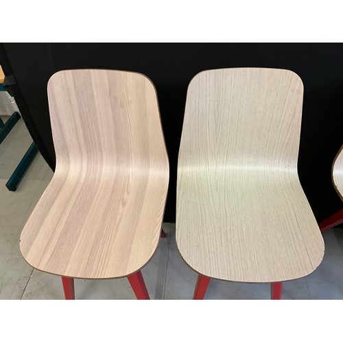 454 - SEVEN  WOODEN CAFE CHAIRS WITH RED PAINTED LEGS