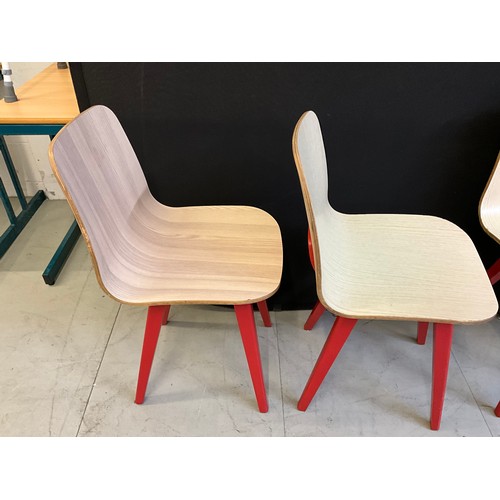 454 - SEVEN  WOODEN CAFE CHAIRS WITH RED PAINTED LEGS