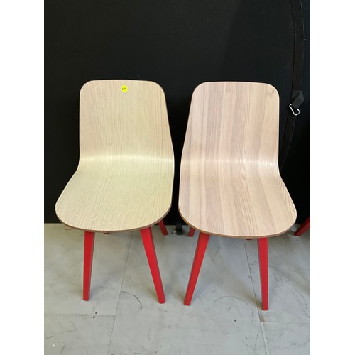 454 - SEVEN  WOODEN CAFE CHAIRS WITH RED PAINTED LEGS