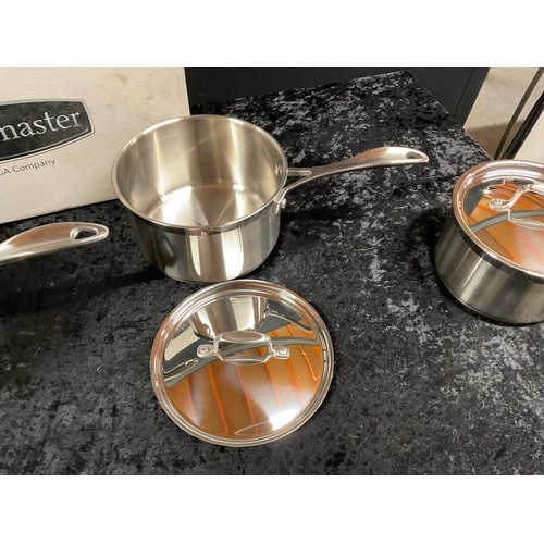 15 - BRAND NEW IN BOX RANGEMASTER SET OF THREE STAINLESS STEEL SAUCEPANS