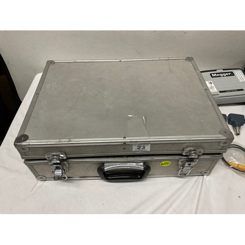 23 - CASE CONTAINING VARIOUS MEGGER ELECTRICAL TESTERS TO INCLUDE LOOP TESTER,INSULATION TESTER AND RCD T... 