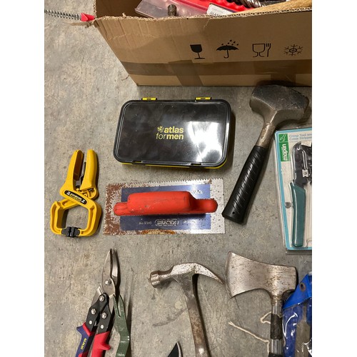 34 - BOX OF VARIOUS TOOLS TO INCLUDE AXE,CRIMPING TOOL,CLAMPS ETC