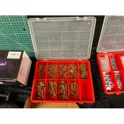 43 - BOX OF ODDS TO INCLUDE LIGHT BULBS,PORTABLE LAMPS,SCREW AND WASHER SETS ETC