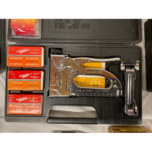 47 - BOX OF TOOLS TO INCLUDE DRILL BIT SETS,MINI GRINDER,STAPLE GUN,POP METER ETC