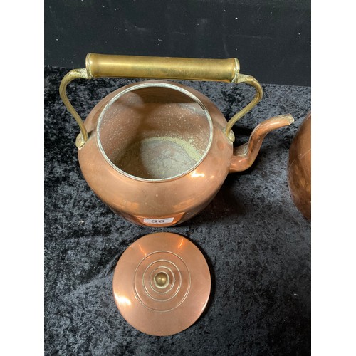 56 - TWO VINTAGE COPPER KETTLES EACH WITH BRASS FINNEAL HANDLES