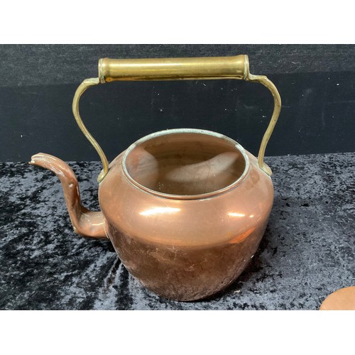 56 - TWO VINTAGE COPPER KETTLES EACH WITH BRASS FINNEAL HANDLES