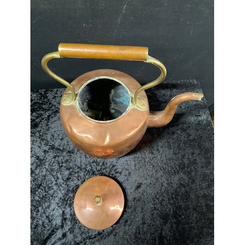 56 - TWO VINTAGE COPPER KETTLES EACH WITH BRASS FINNEAL HANDLES