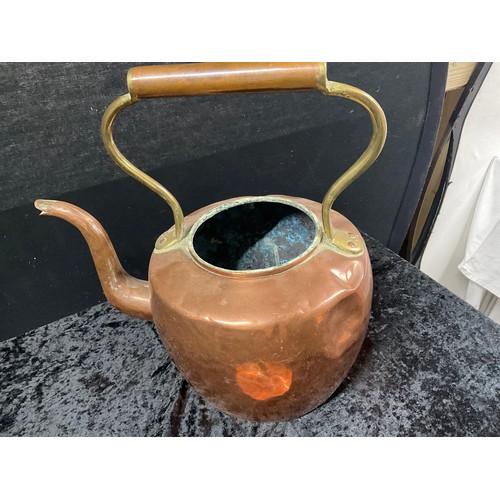 56 - TWO VINTAGE COPPER KETTLES EACH WITH BRASS FINNEAL HANDLES