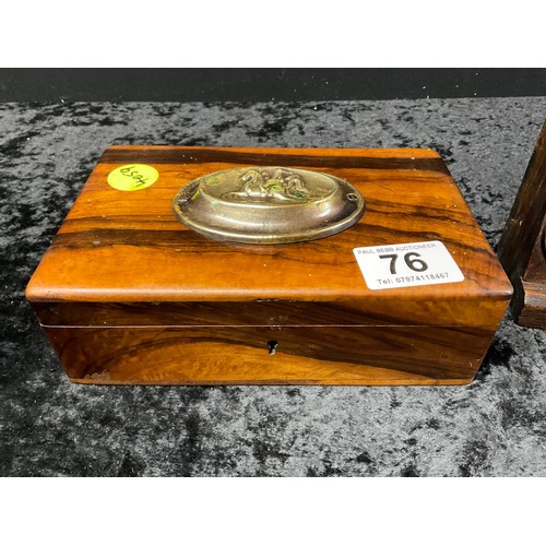 76 - VINTAGE ROSEWOOD BOX WITH BRASS PLAQUE TO TOP ALONG WITH A POCKET WATCH HOLDER