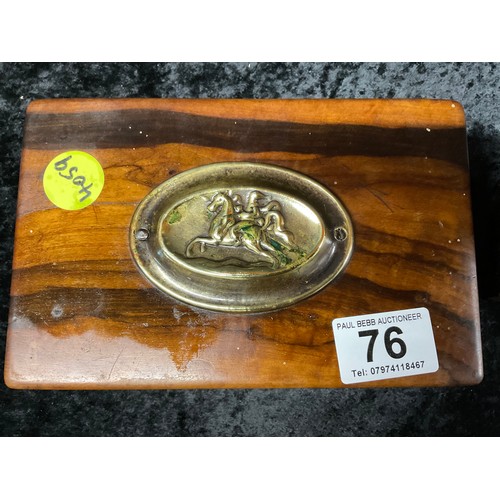 76 - VINTAGE ROSEWOOD BOX WITH BRASS PLAQUE TO TOP ALONG WITH A POCKET WATCH HOLDER