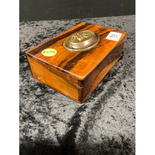 76 - VINTAGE ROSEWOOD BOX WITH BRASS PLAQUE TO TOP ALONG WITH A POCKET WATCH HOLDER