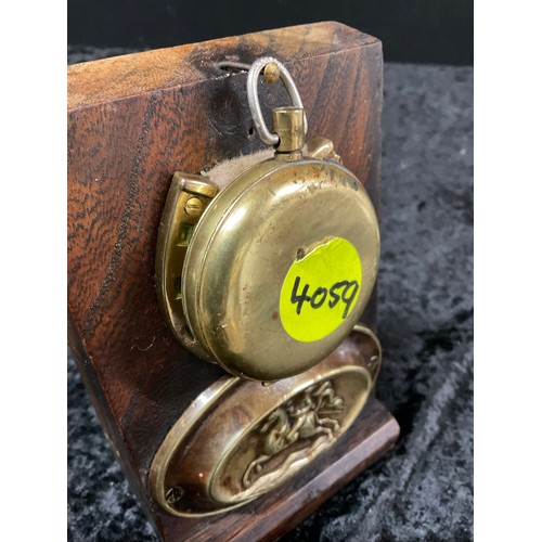 76 - VINTAGE ROSEWOOD BOX WITH BRASS PLAQUE TO TOP ALONG WITH A POCKET WATCH HOLDER