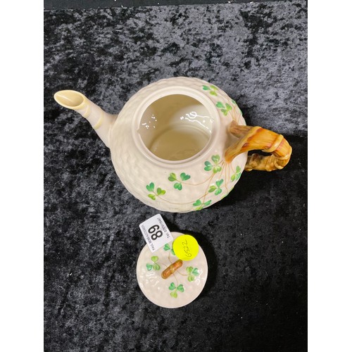 89 - BELLEEK TEAPOT AND MILK JUG