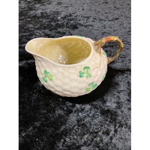 89 - BELLEEK TEAPOT AND MILK JUG