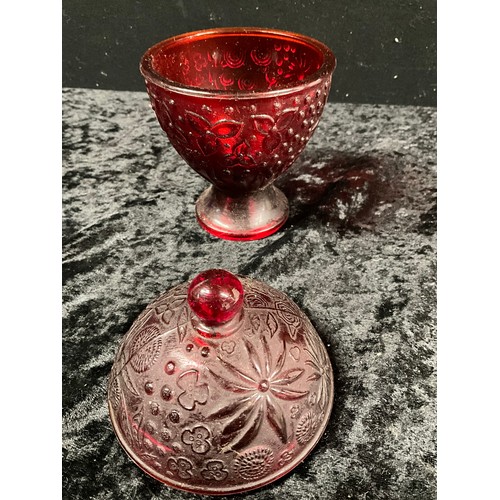 97 - BLUE GLASS BOWL SIGNED RIEDEL AND TWO AVON RED GLASS LIDDED POTS